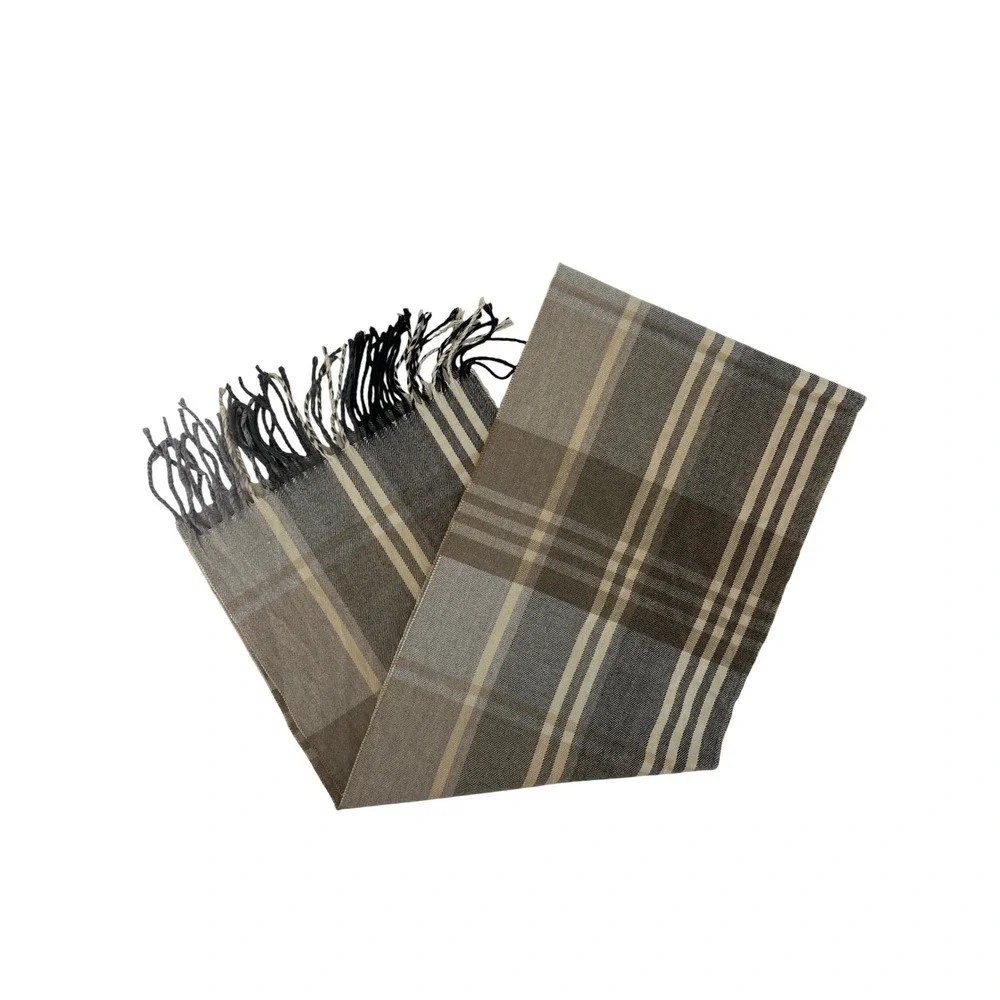 Croft & Barrow Mens Plaid Scarf Grey‎ Tan Cream Acrylic Fringe Tassel 12 x 64